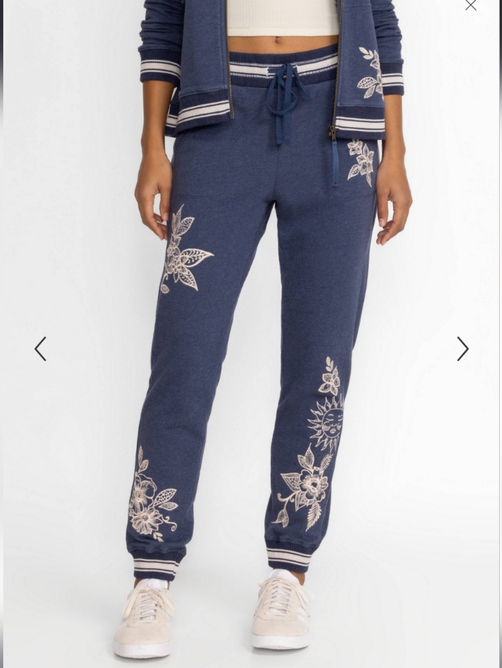 Johnny Was Addison Rib Detail Jogger Navy With White Embroidered Floral Detail